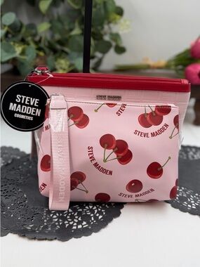 Steve Madden Cherry Cosmetic Bag Set Pink Makeup Pouch Duo Wristlet NWT